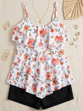 Adisputent Floral Tankini Ruffle Top Boy Shorts